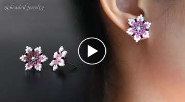 Cherry blossom stud earrings. How to make beaded jewelry. Beading tutorial